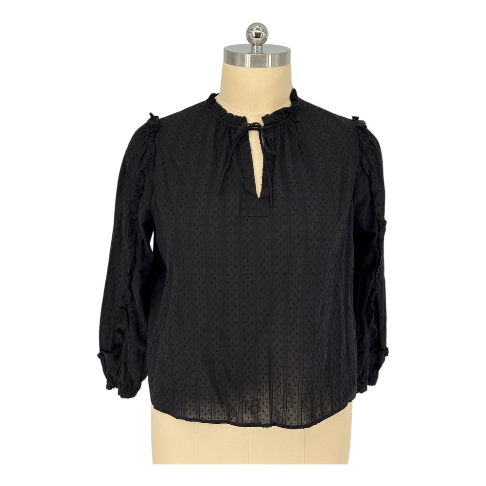 Time and Tru Blouse Black Swiss Dot Ruffle Tie Neck 100% Cotton XXL 20